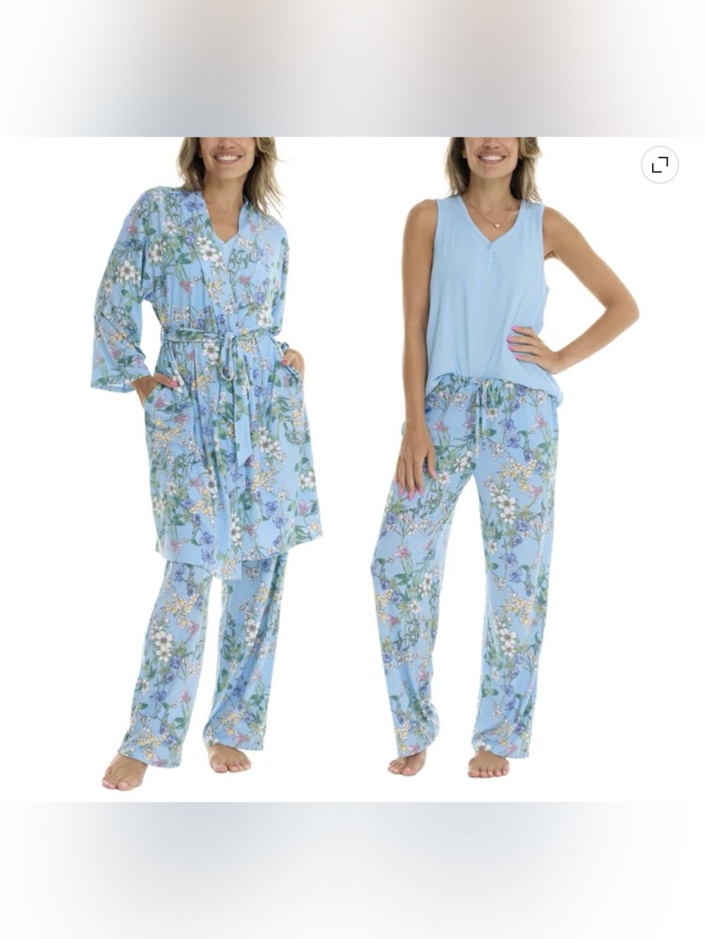 NWT Flora Nikrooz Light Blue Floral 3-Piece Pajama Set with Robe size S